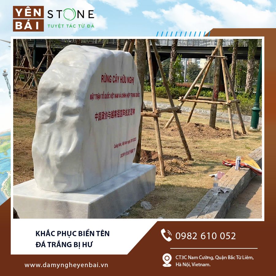 Khắc phục biển tên đá trắng bị hư –Làm sạch và sơn lại chữ khắc trên biển tên đá trắng bị hư, đảm bảo độ bền cao. Khắc phục biển tên đá trắng bị hư –Làm sạch và sơn lại chữ khắc trên biển tên đá trắng bị hư, đảm bảo độ bền cao.