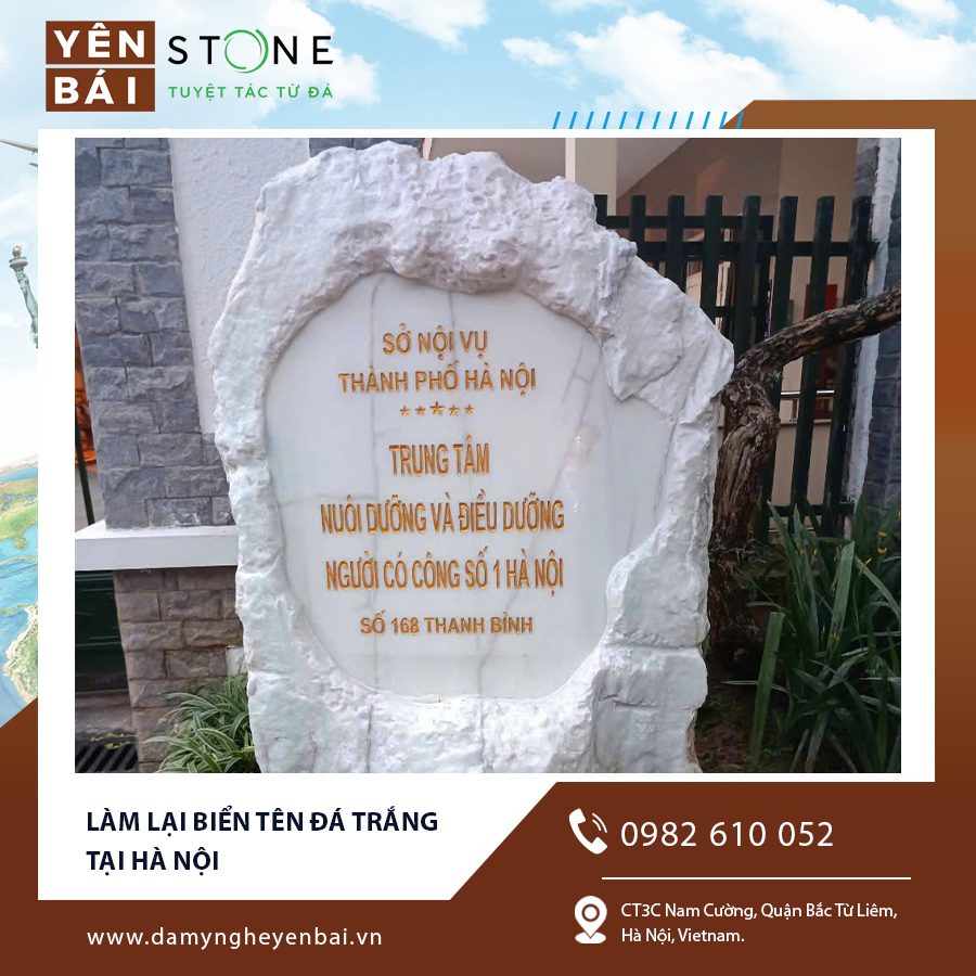 Làm lại biển tên đá trắng tại Hà Nội, đảm bảo đường nét sắc sảo và bền đẹp theo thời gian. Làm lại biển tên đá trắng tại Hà Nội, đảm bảo đường nét sắc sảo và bền đẹp theo thời gian.