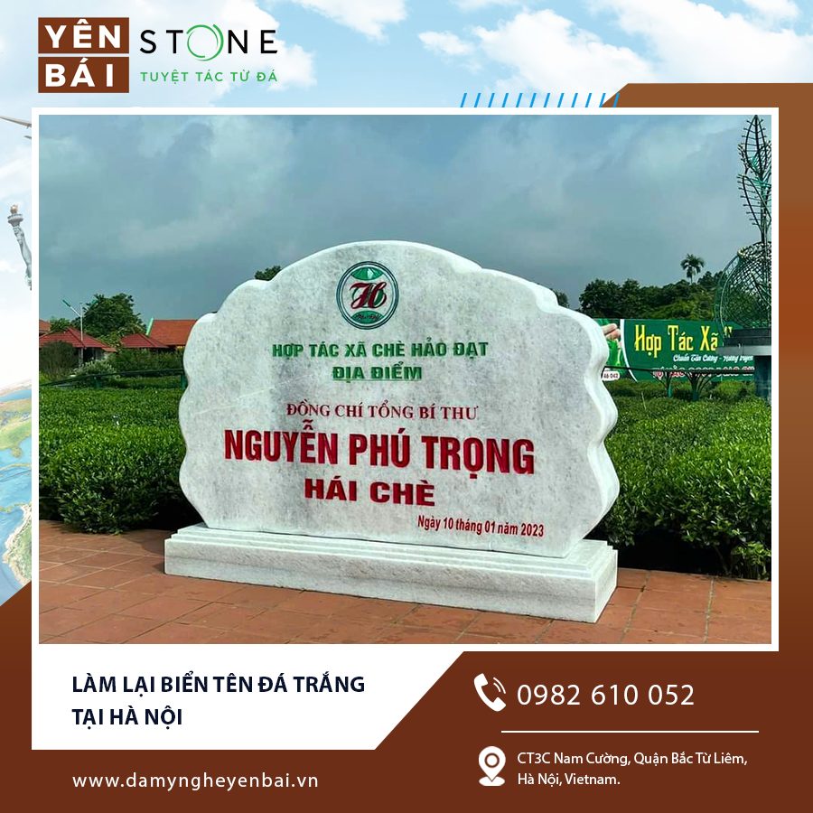 Làm lại biển tên đá trắng tại Hà Nội với chữ khắc rõ nét, bề mặt sáng bóng, mang lại vẻ đẹp sang trọng. Làm lại biển tên đá trắng tại Hà Nội với chữ khắc rõ nét, bề mặt sáng bóng, mang lại vẻ đẹp sang trọng.