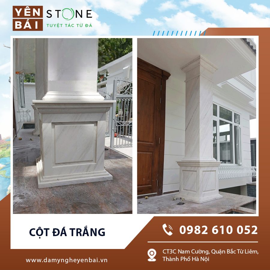 Cột đá trắng tròn được thiết kế tinh xảo, nâng đỡ mái hiên và tạo vẻ sang trọng Cột đá trắng tròn được thiết kế tinh xảo, nâng đỡ mái hiên và tạo vẻ sang trọng