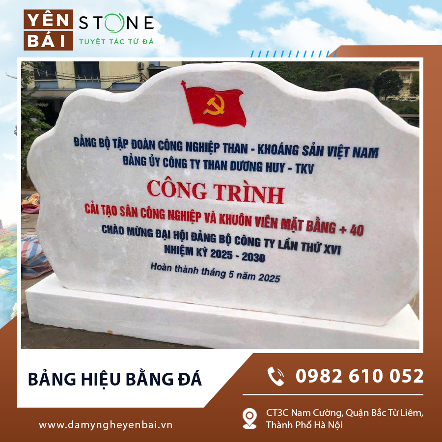 Công trình hoàn thiện bảng hiệu bằng đá với logo và chữ sắc nét Công trình hoàn thiện bảng hiệu bằng đá với logo và chữ sắc nét