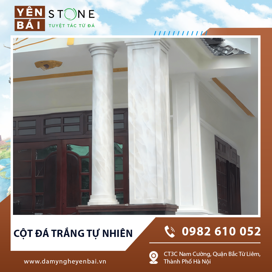 Cột đá trắng tự nhiên vân đẹp làm điểm nhấn kiến trúc mặt tiền. Cột đá trắng tự nhiên vân đẹp làm điểm nhấn kiến trúc mặt tiền.