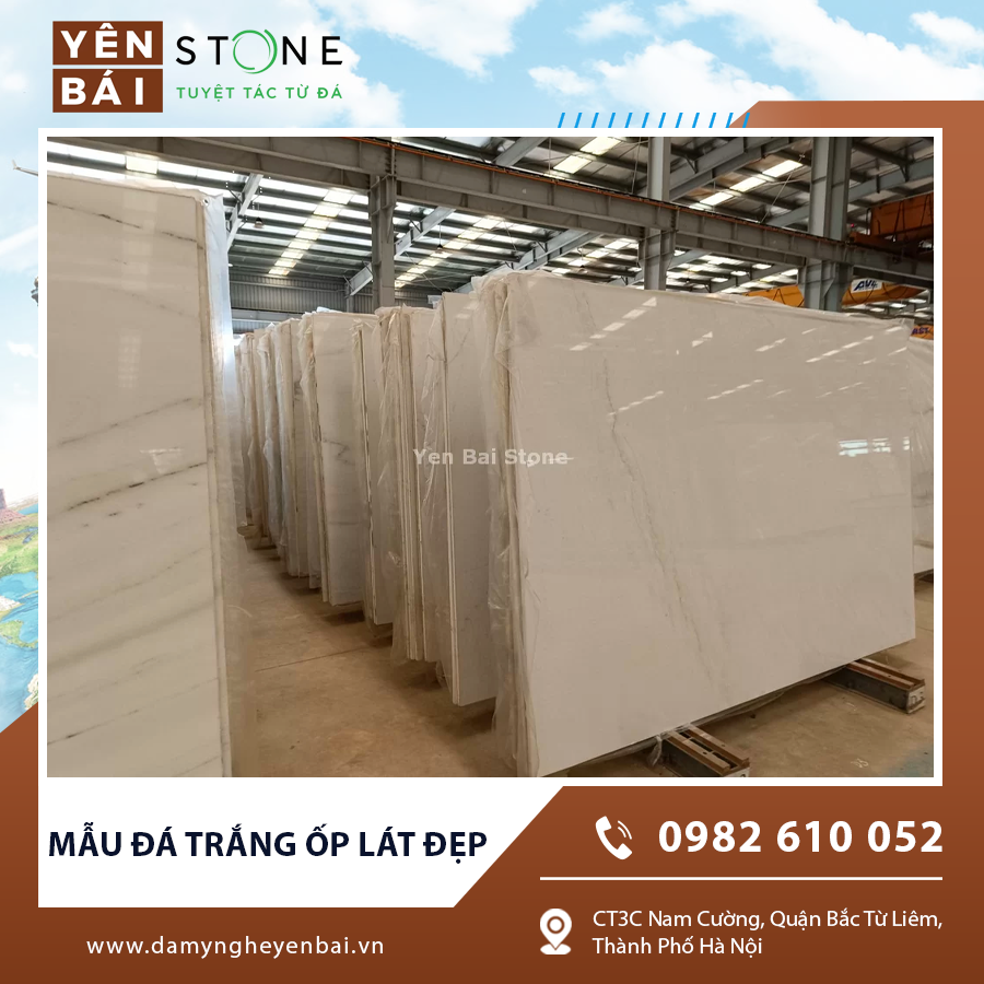 Mẫu đá trắng ốp lát đẹp vân mây ốp sàn phòng khách sang trọng.