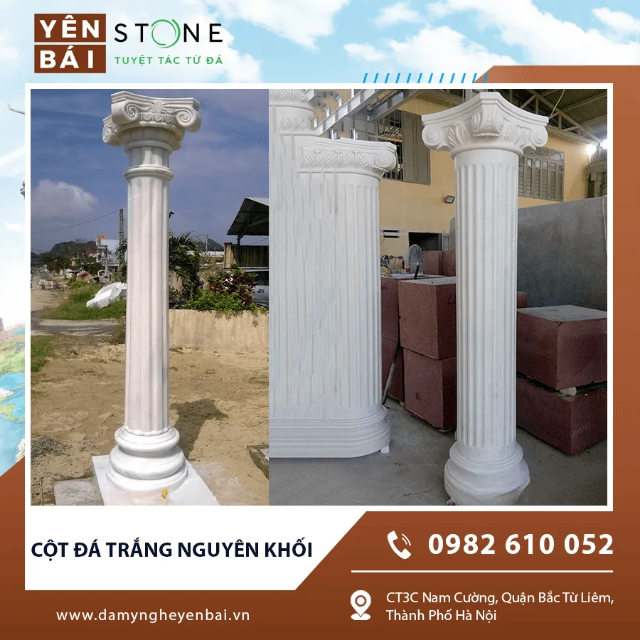 Cột đá trắng nguyên khối chạm khắc tinh xảo Cột đá trắng nguyên khối chạm khắc tinh xảo