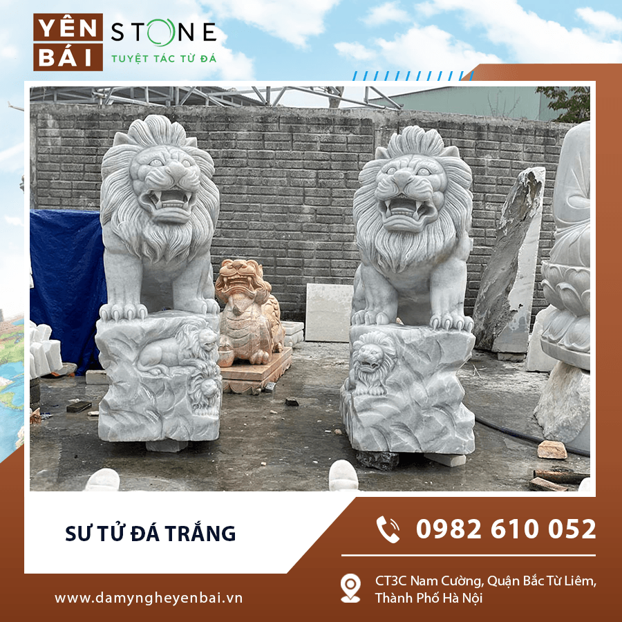 Sư tử đá trắng chạm khắc tinh xảo