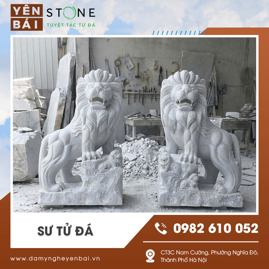 Tượng sư tử đá uy nghi bằng đá xanh tự nhiên Tượng sư tử đá uy nghi bằng đá xanh tự nhiên