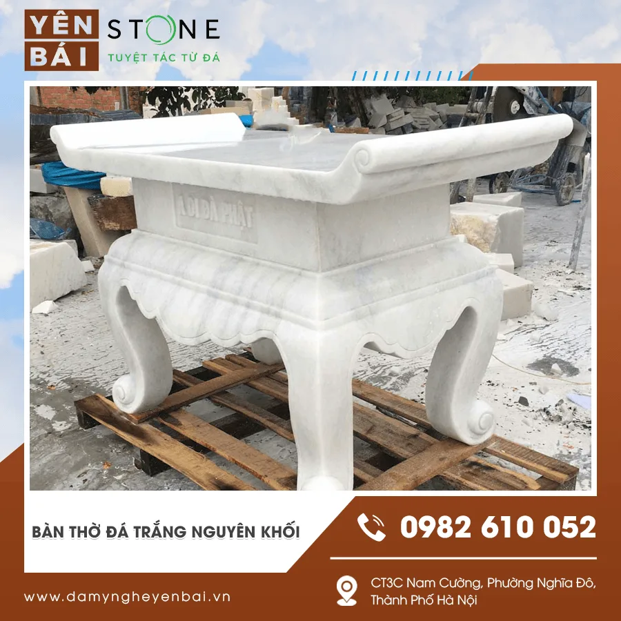Đồ Thờ Đá Trắng Yên Bái — Bàn Thờ, Lư Hương, Cuốn Thư, Chiếu Rồng — Yên Bái Stone