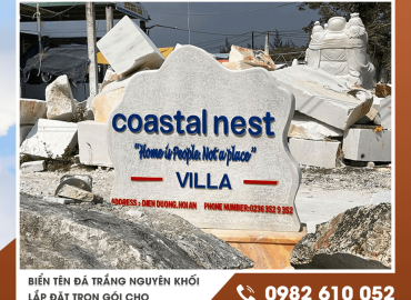 Biển tên đá trắng nguyên khối lắp đặt trọn gói cho công trình biệt thự, villa