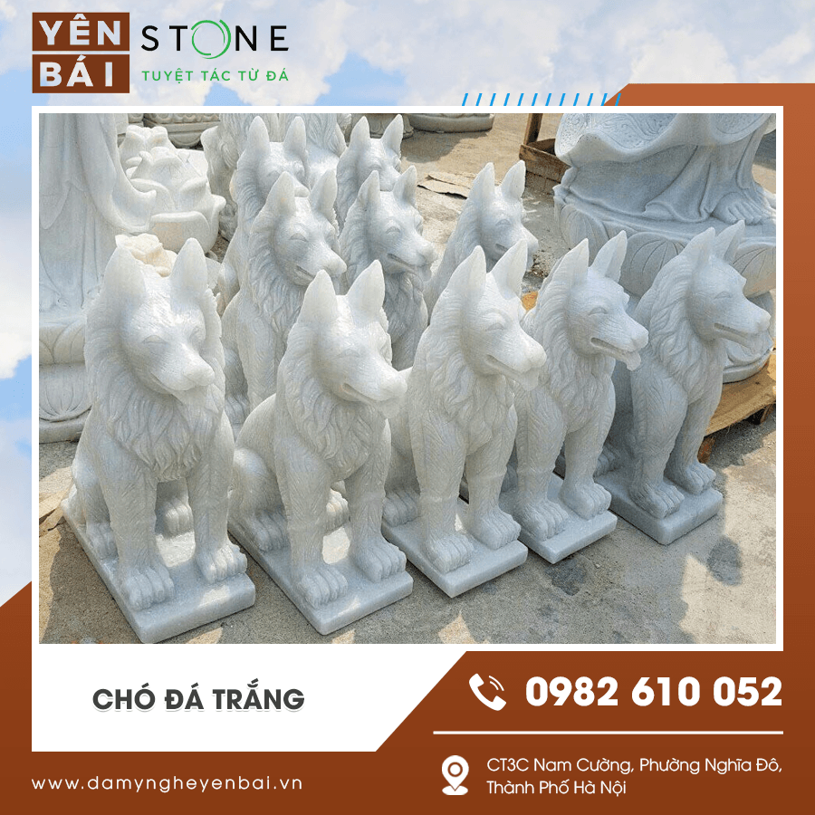 Cận cảnh chó đá trắng nguyên khối với hoa văn sắc nét