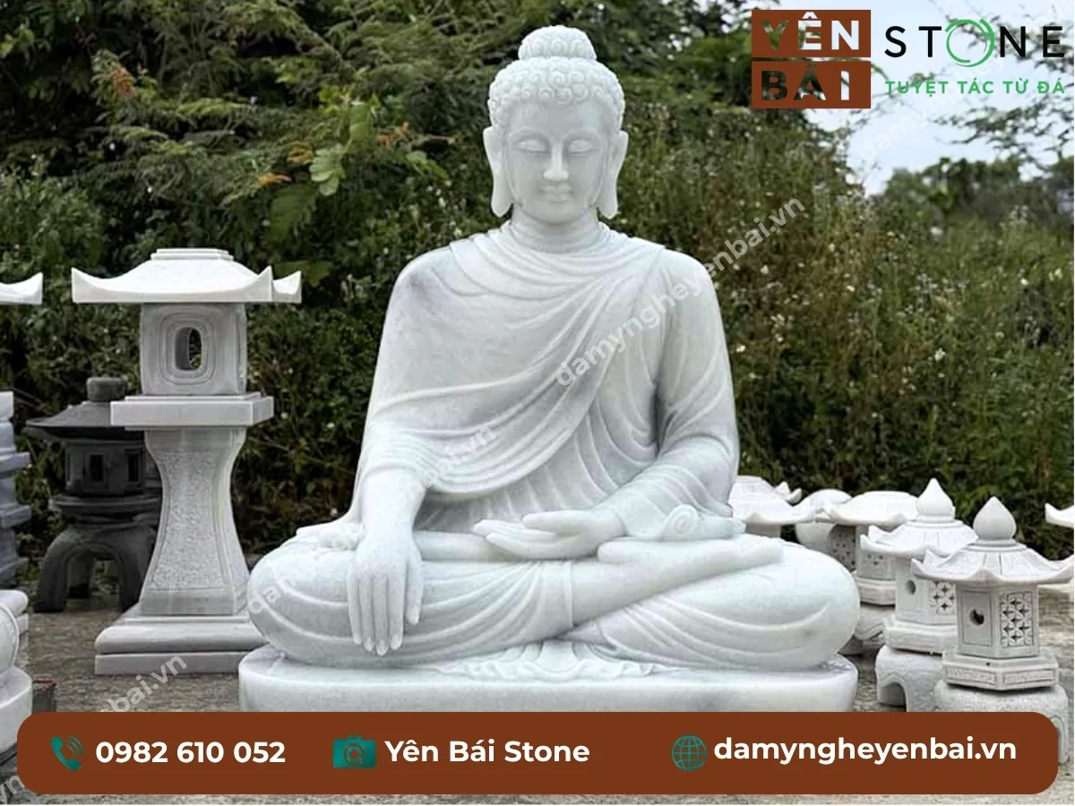 tượng Phật Thích Ca đá trắng nguyên khối Yên Bái Stone chế tác thủ công