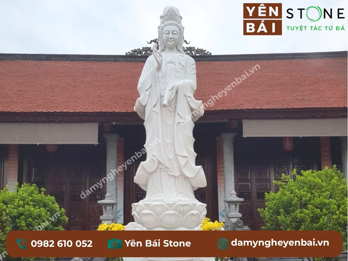 tượng Quan Âm đá trắng Yên Bái tạc thủ công theo yêu cầu