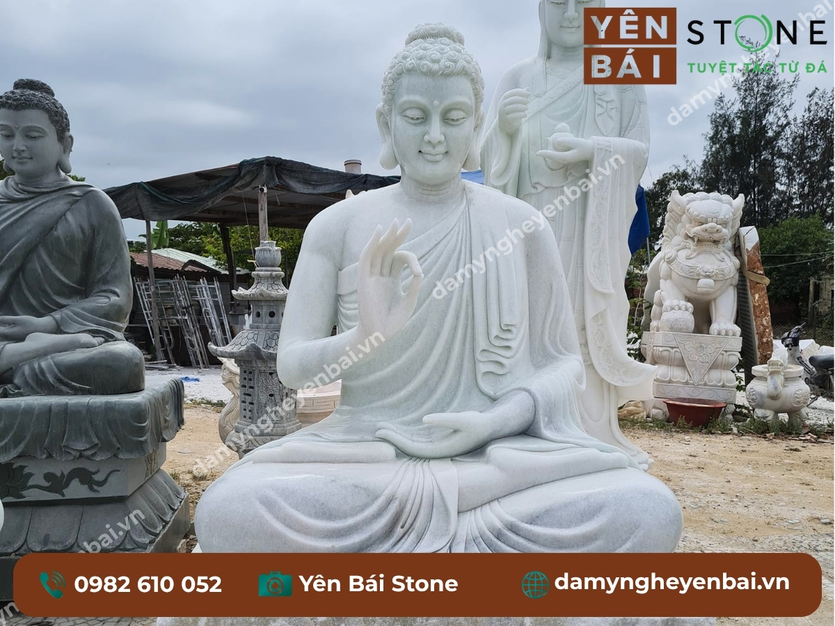 tượng Phật A Di Đà đá trắng nguyên khối cho chùa Tịnh Độ tông