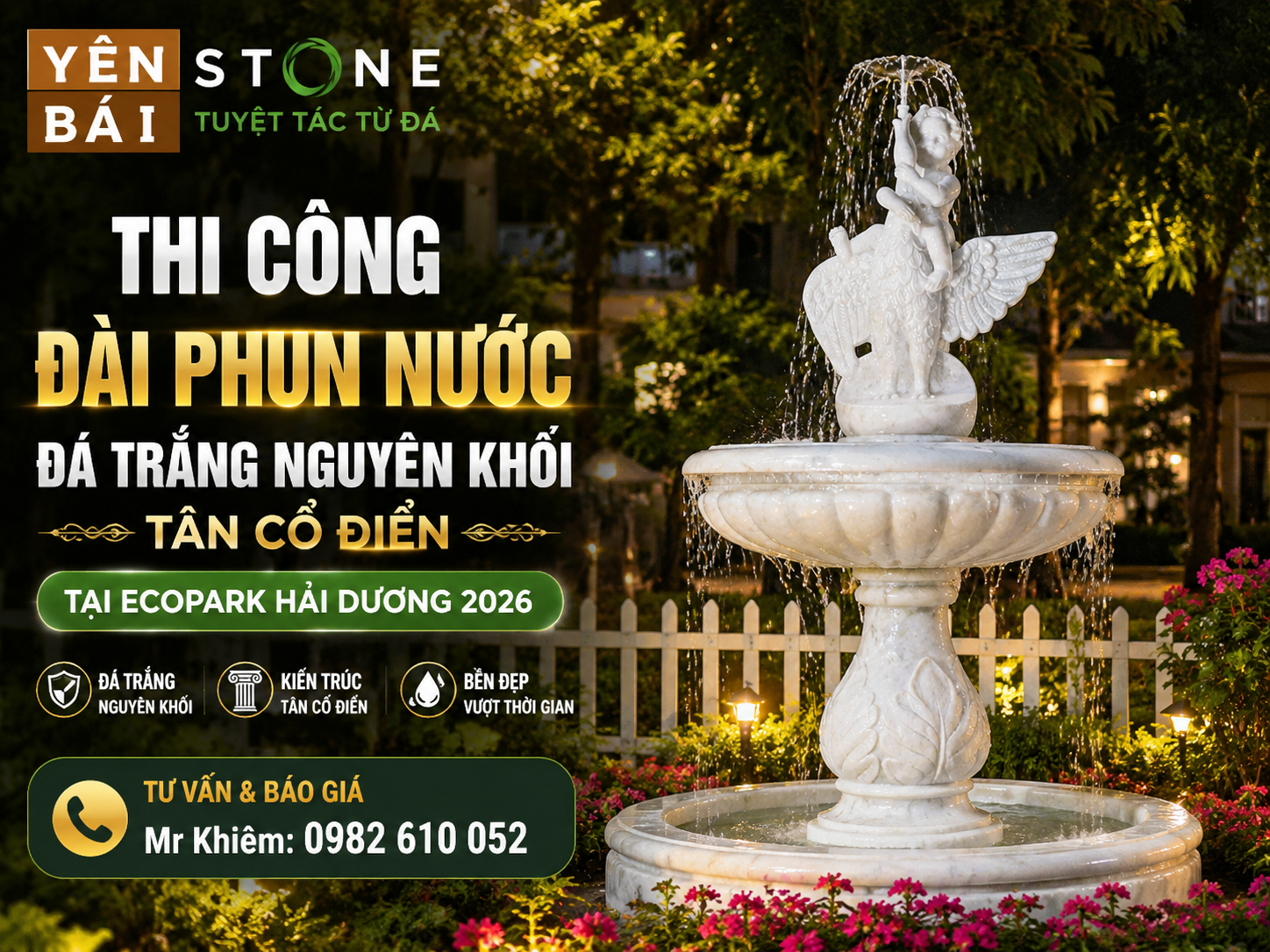 Thi Công Đài Phun Nước Đá Trắng Nguyên Khối Tân Cổ Điển Tại Ecopark Hải Dương 2026
