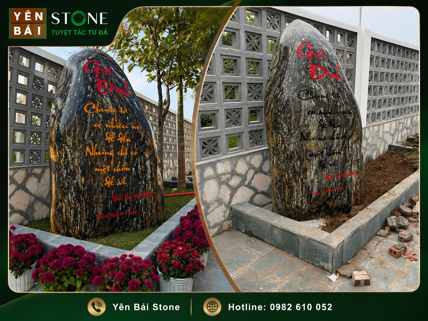 Đá trấn trạch cuội tự nhiên hoàn thiện tại cổng biệt thự Yên Bình Anson Nguyen Family Hưng Yên
