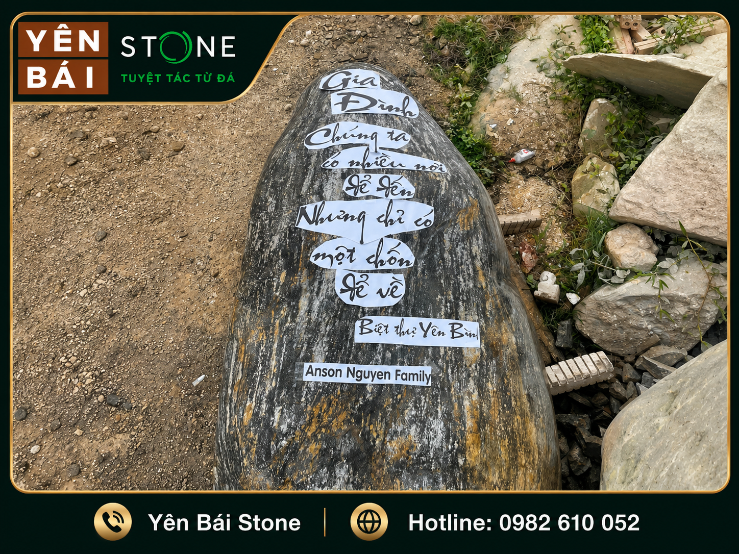 Quá trình khắc chữ thư pháp trên đá cuội tự nhiên nguyên khối tại xưởng Yên Bái Stone