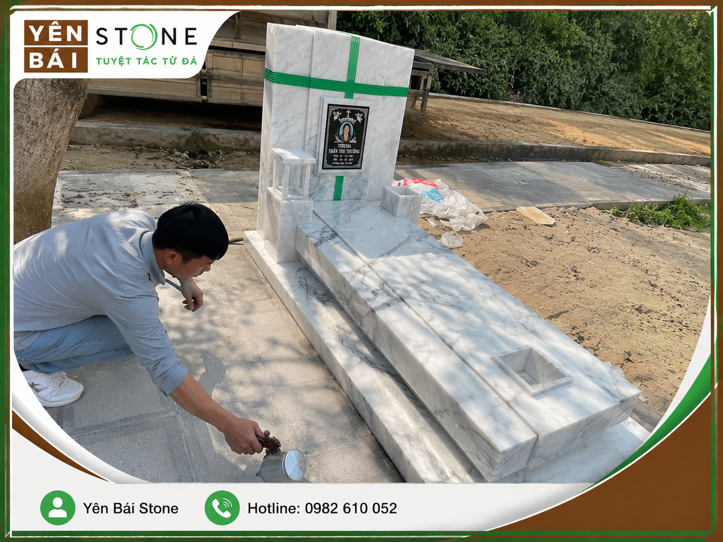 Mộ đá Công giáo trắng nguyên khối thiết kế hiện đại tại nghĩa trang Đá Bia Yên Bái