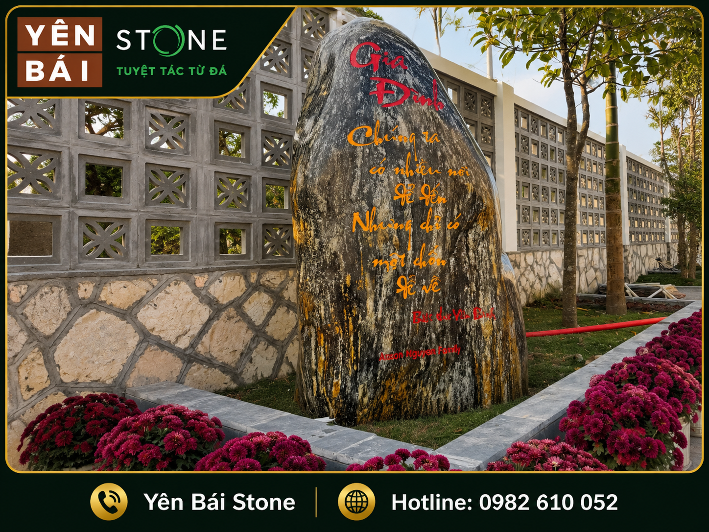 Đá trấn trạch cuội tự nhiên nguyên khối khắc chữ thư pháp tại sân vườn biệt thự Hưng Yên