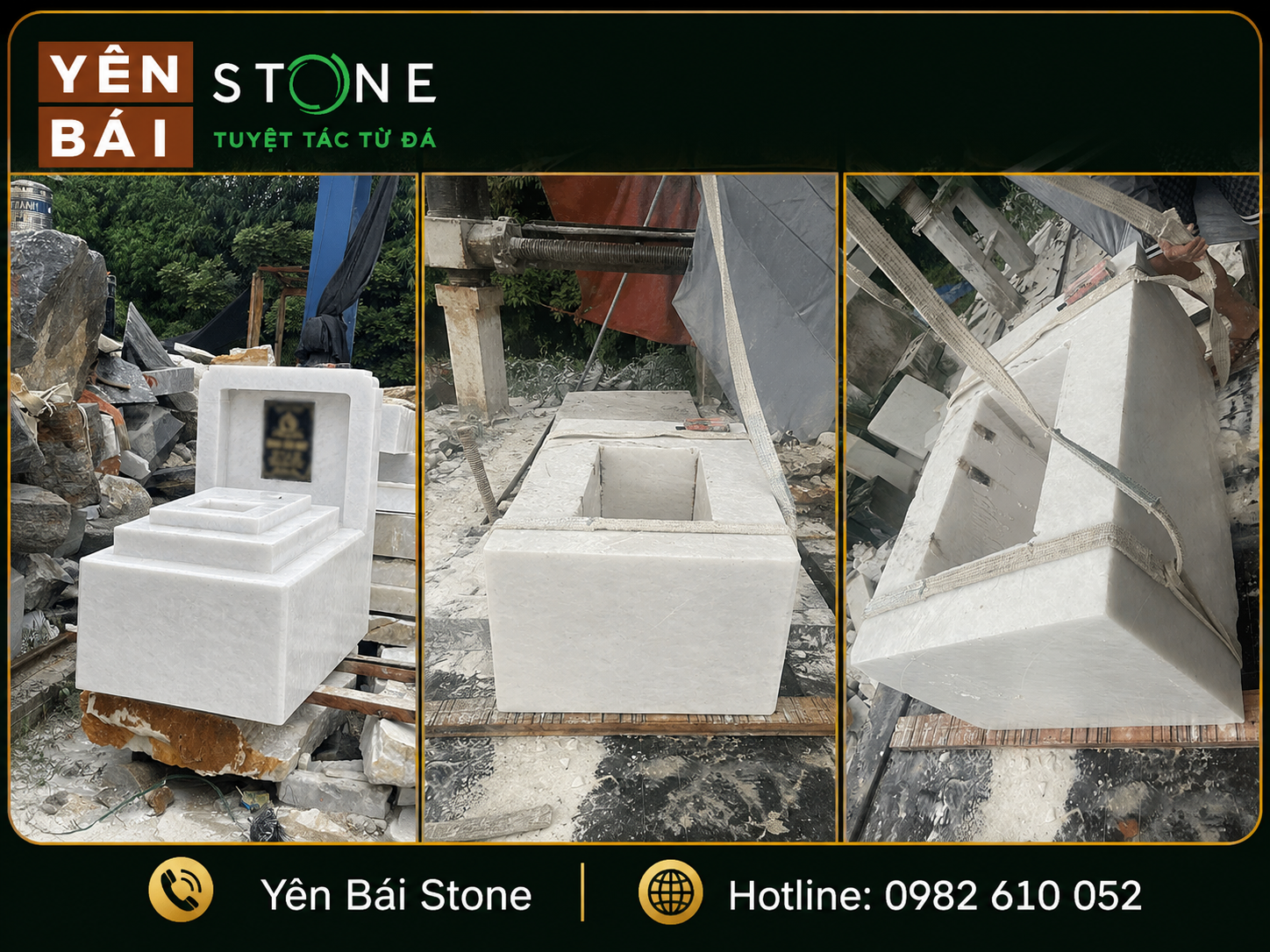 Quá trình gia công và lắp đặt mộ đá trắng nguyên khối tại xưởng Yên Bái Stone