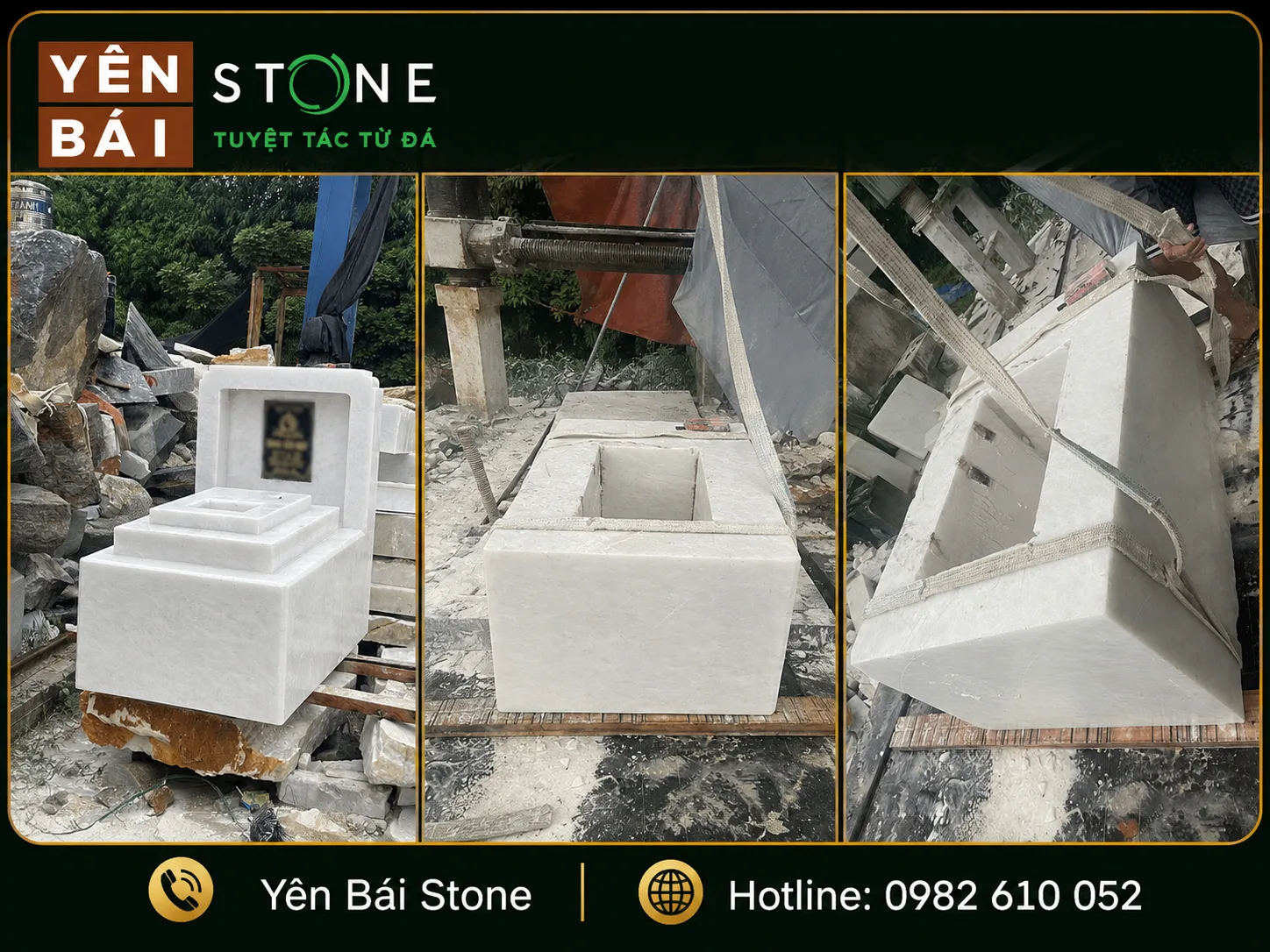 Quá trình gia công và lắp đặt mộ đá trắng nguyên khối tại xưởng Yên Bái Stone