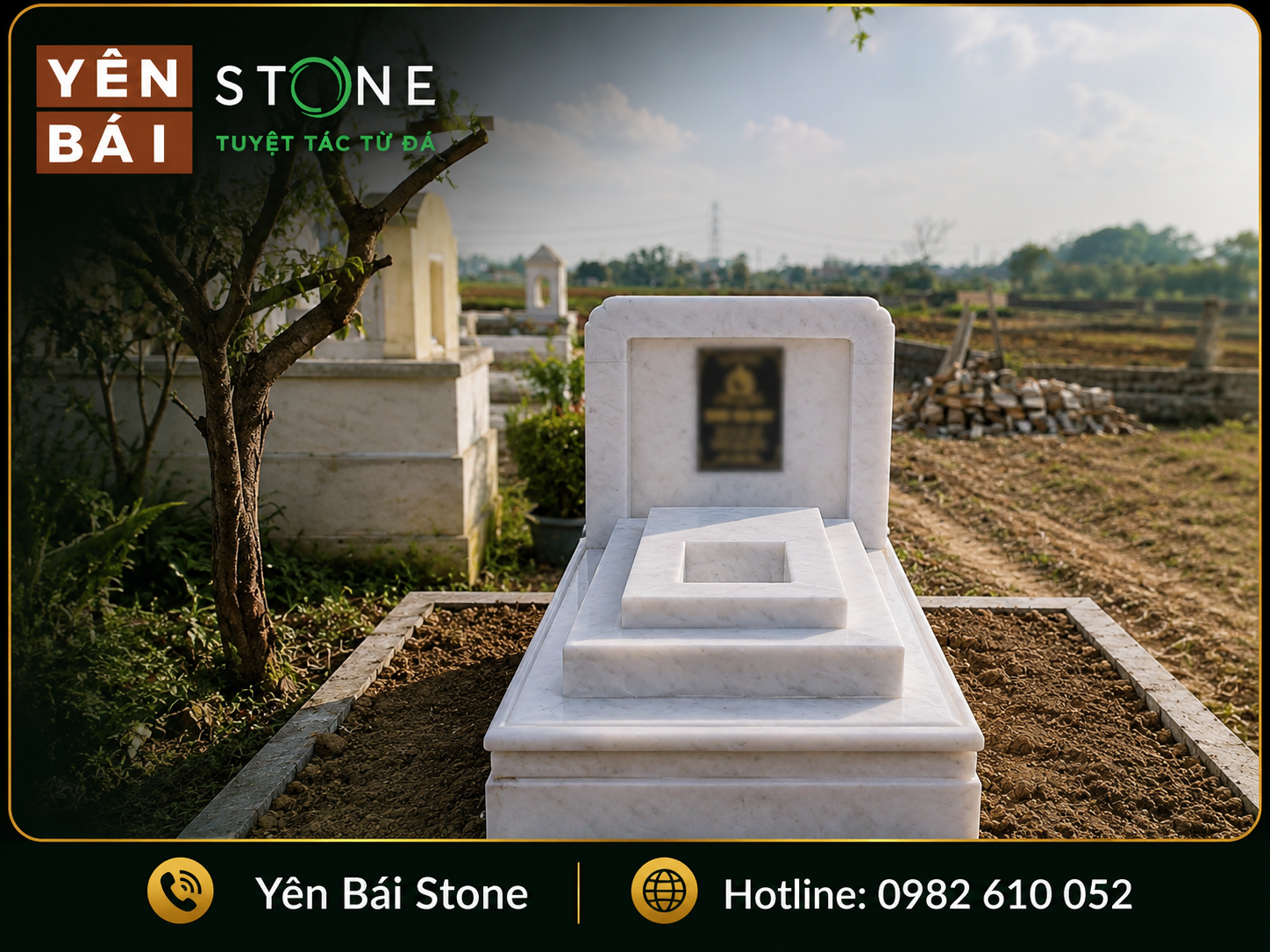 Mộ đá trắng nguyên khối hiện đại giật cấp 3 tầng tại nghĩa trang Chí Linh Hải Dương