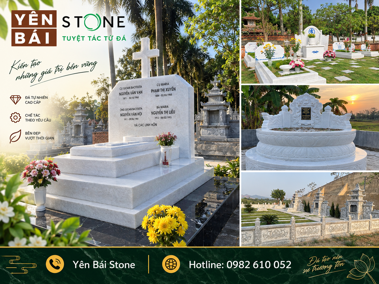 Bộ sưu tập mộ đá cẩm thạch trắng tự nhiên Yên Bái Stone đa dạng phong cách hiện đại truyền thống