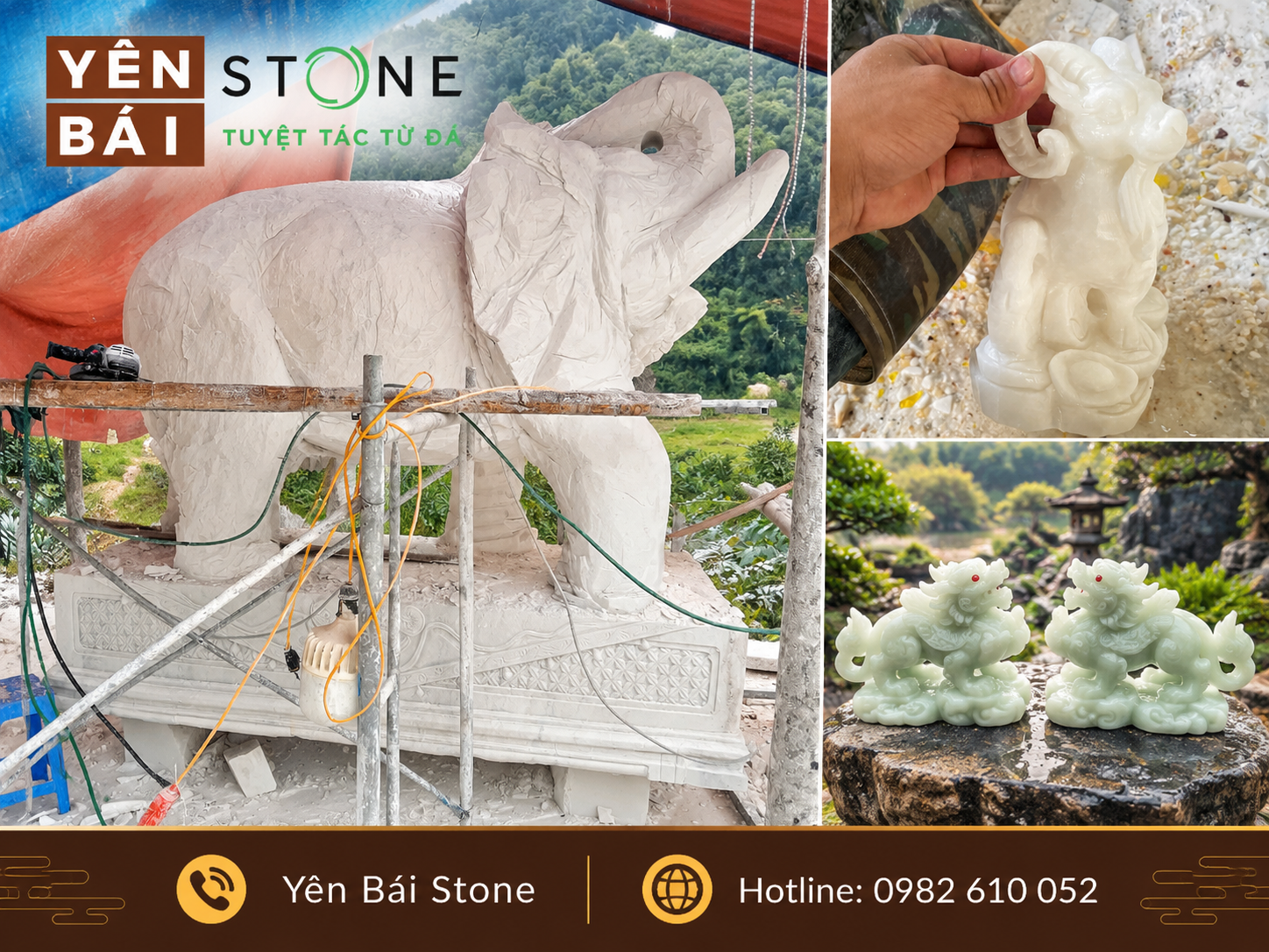 Nghệ nhân chạm khắc linh vật đá trắng nguyên khối tại xưởng Yên Bái Stone Lục Yên