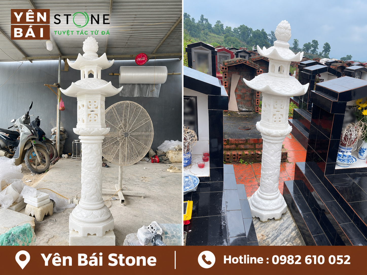 cây đèn đá trắng cao 152cm đặt nghĩa trang mộ gia tộc