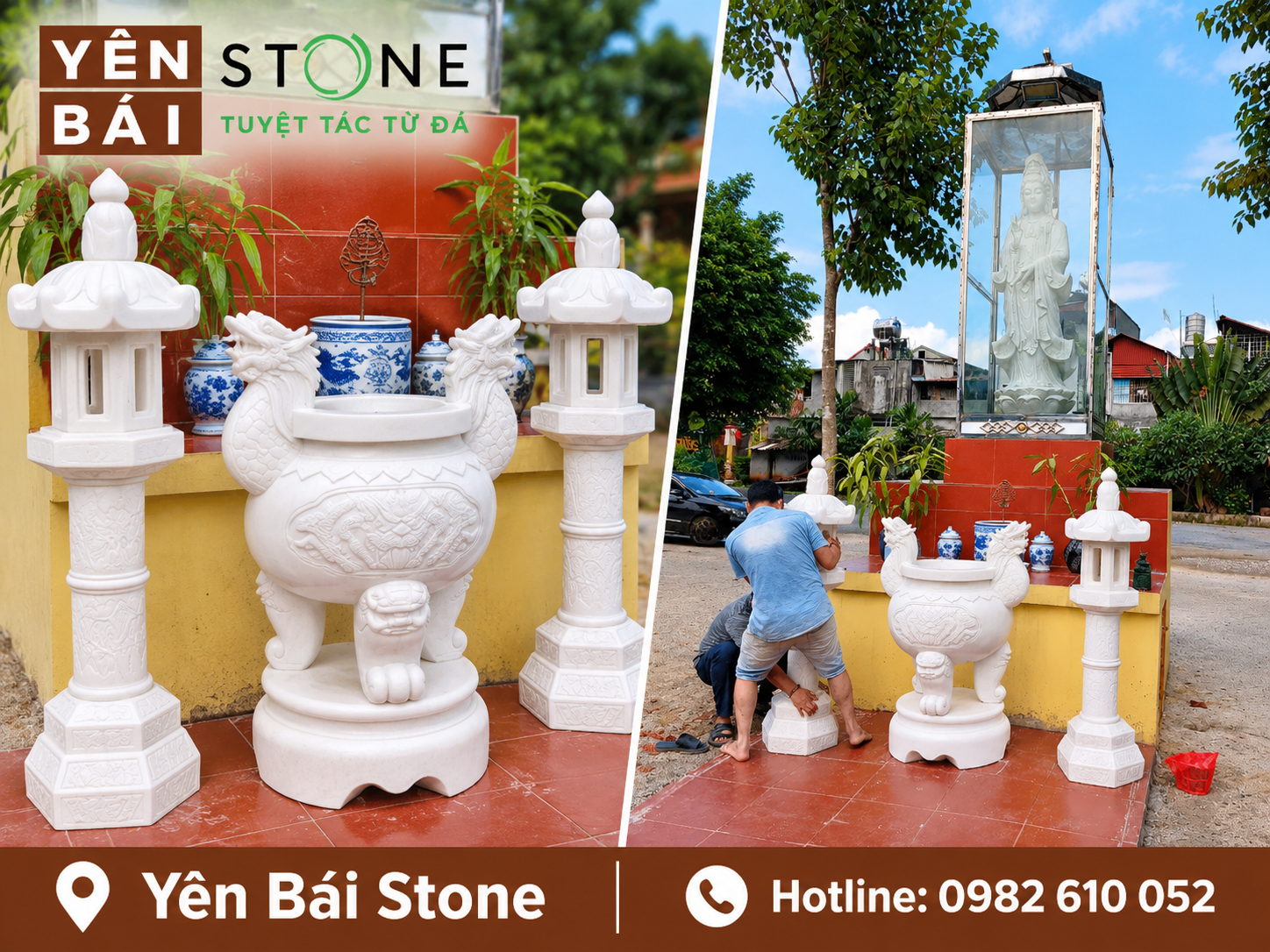 lư hương đá trắng đường kính 60cm đặt đền chùa