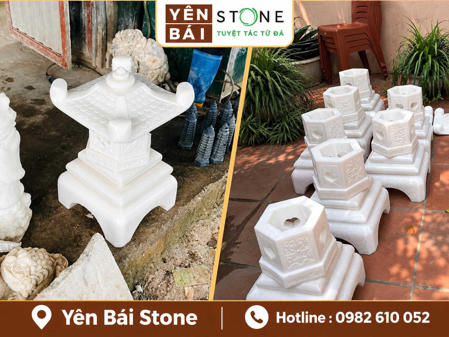 thợ đá Lục Yên đục tay chạm khắc chi tiết đèn đá trắng
